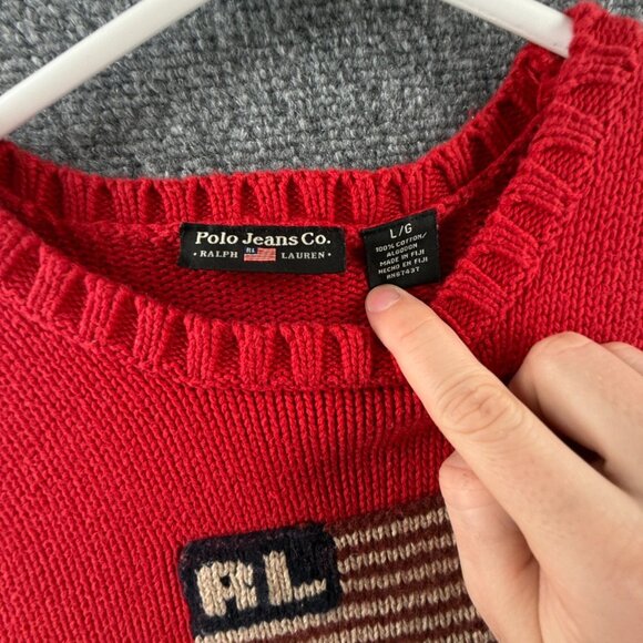 Polo Jeans Ralph Lauren Red Knit Pullover Flag Sweater RL Embroidered Large - Picture 10 of 16